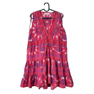 Bindu Red Pink Geometric Floral Drawstring Waist Ruffle Hem Mini Dress Womens XS
